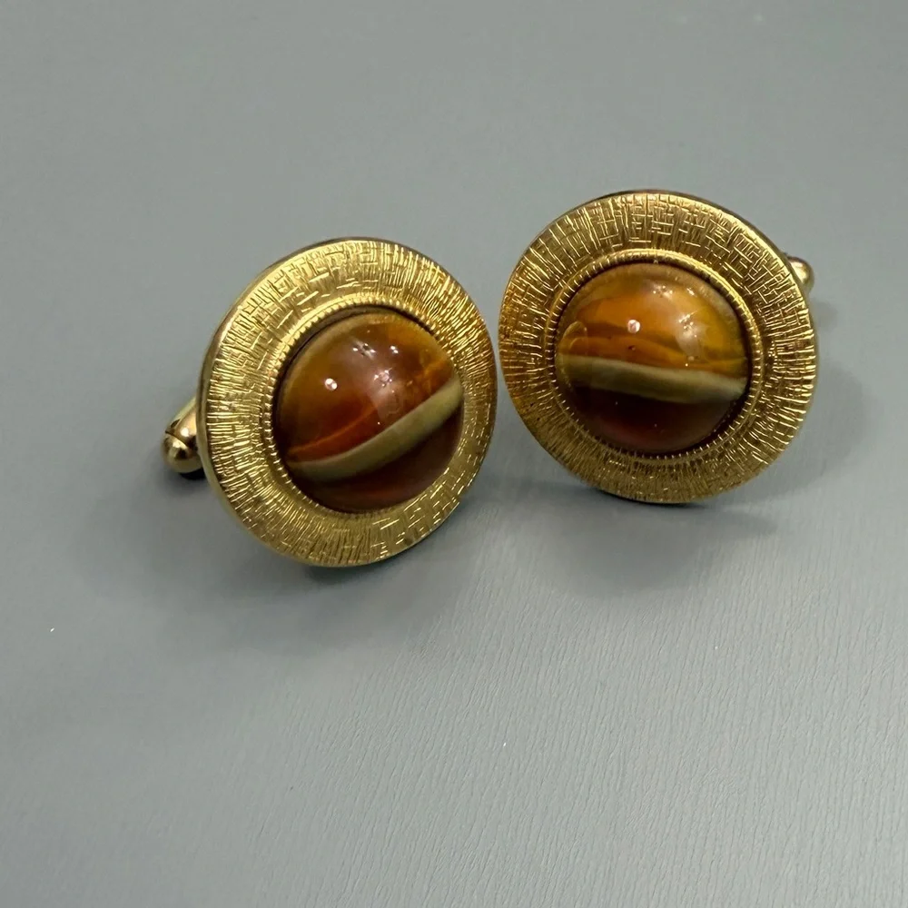 Vintage Anson Gold Saturn Greek Key Textured Cufflinks With Tiger's Eye Glass